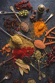A group of teaspoons filled with different masala chai spices.
