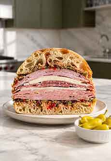 A muffuletta sandwich with a side of pepperoncini.