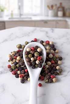 A mixture of whole peppercorns: black, white, pink, and green.