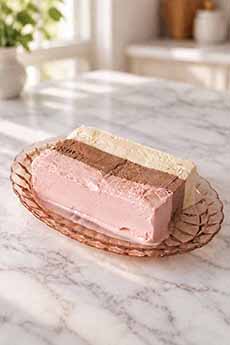 A brick (slice) of Neapolitan ice cream.