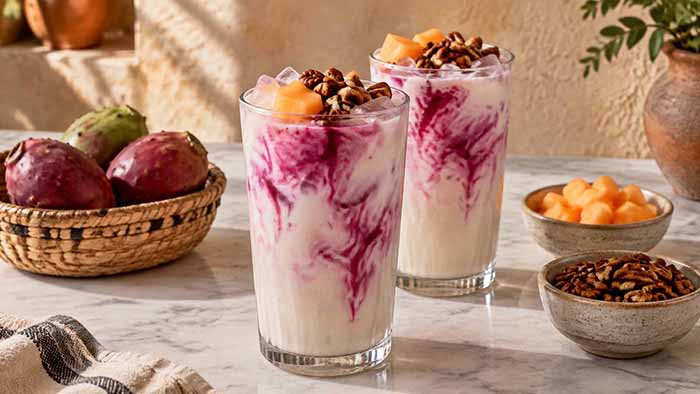 A glass of Oaxaca-style horchata with added prickly pear puree.