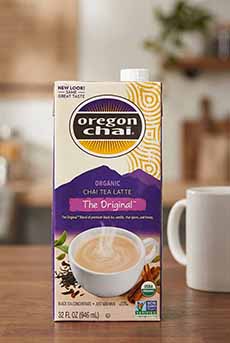 A carton of Oregon Chai on a kitchen countertop.