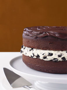 Oreo Layer Cake: two chocolate layers with creamy filling laced with chopped oreos.