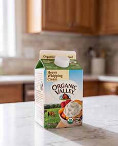 A pint of Organic Valley heavy cream on a kitchen counter.