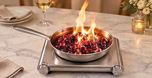 A pan of flambeed cherries on a tabletop hotplate.