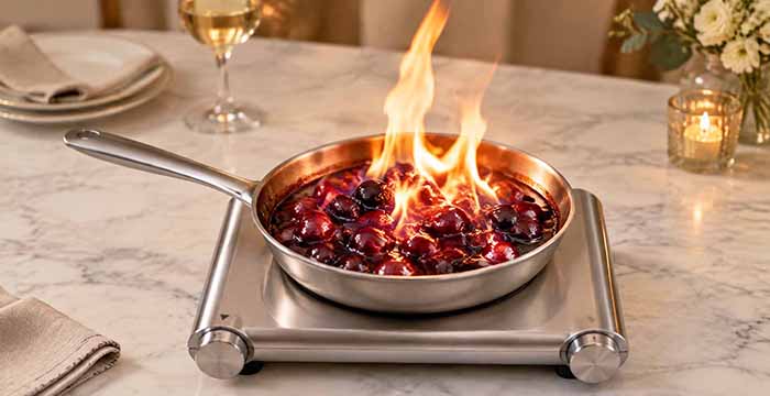 Cherries Jubilee, flamed in the pan.