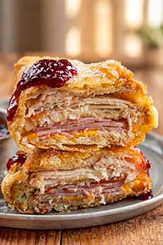 A Monte Cristo sandwich dipped and fried in pancake batter.