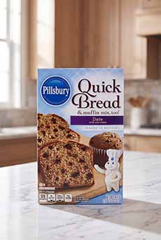 A box of Pillsbury Date Quickbread mix on a kitchen counter.