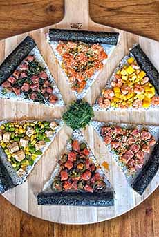 Five slices of pizza with different poke toppings.