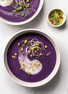 Ube, purple yam soup made with coconut milk and ginger.