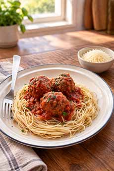 A plate of spaghetti and meatballs with a small bowl of grated Parmesan cheese.