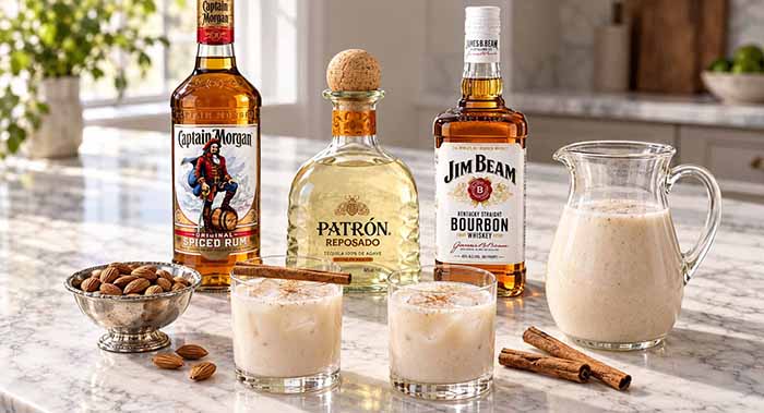 Horchata with bottles of spiced rum, aged tequila, and bourbon.
