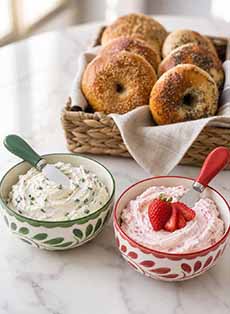 Bowls Of Chive Cream Cheese & Strawberry Cream Cheese