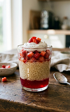 Tapioca Pudding With Raspberry Jelly & Fresh Strawberries