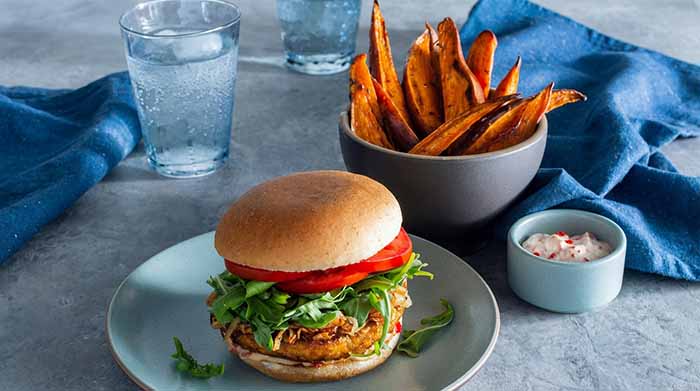Tofu Burger With Sweet Potato Fries