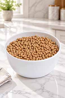 A bowl of Valrhona Dulcey crunchy pearls.