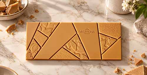 Valrhona Dulcey chocolate bar, unwrapped.