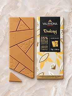 Valrhona Dulcey chocolate bar, wrapped and unwrapped.