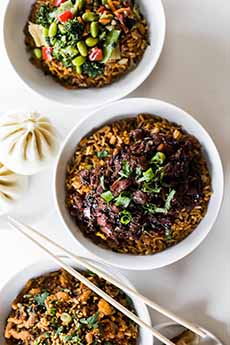 A bowl of BBQ pork fried rice.