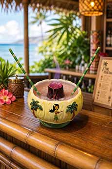 A Scorpion drink in a flaming volcano bowl
