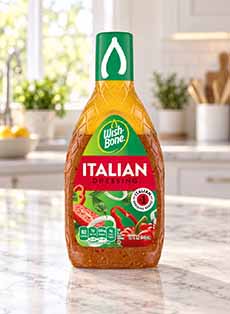 A bottle of Wish-Bone Italian dressing on a kitchen counter.